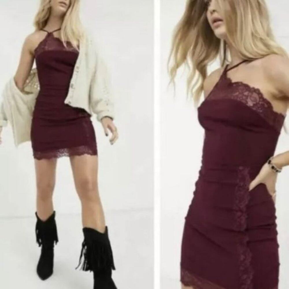 Free People Dress Sexy Lace Trim One Shoulder Bodycon Mini Dress, Size Large - Picture 2 of 5